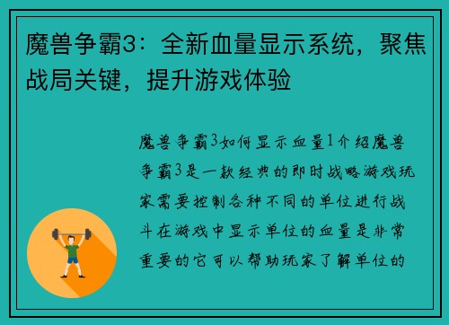 魔兽争霸3：全新血量显示系统，聚焦战局关键，提升游戏体验